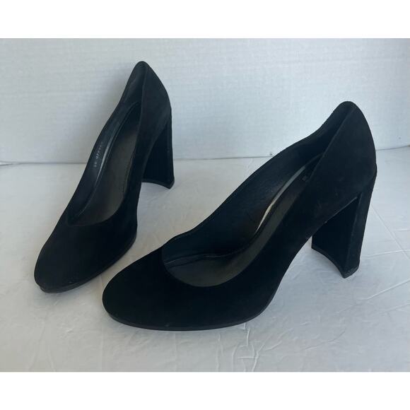 Stuart Weitzman Black Suede Almond Toe Block High Heel Slip On Pump Shoes 8.5M - Picture 1 of 11